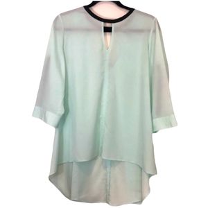 High Low Sheer Tunic Blouse Mint Aqua Black Trim Keyhole Neckline Women Size M